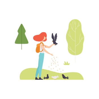 Young Woman Feeding Birds in Park, Girl Relaxing and Enjoying Nature Outdoors Illustration vector