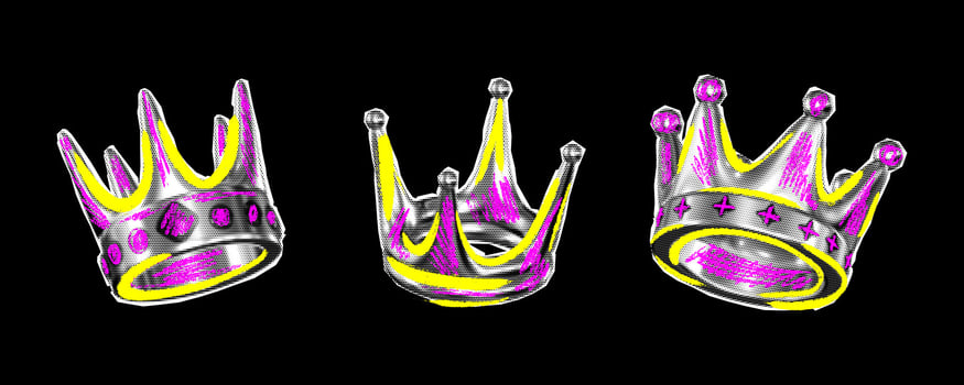 A set of cut-out crowns with a color halftone effect for creating retro collage style posters. vector