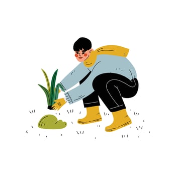 Guy Gardening Plant, Boy Working in Garden or Farm Illustration vector