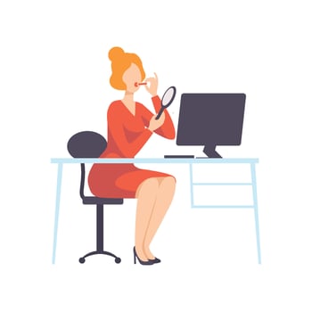 Businesswoman Holding Lipstick and Looking in Mirror While Working with Computer, Office Employee Character Daily Routine Illustration vector