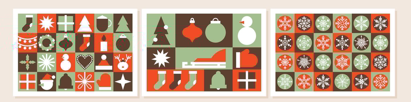 Winter holiday greeting card, postcard set. Merry Christmas and Happy New Year concept. Horizontal minimalist geometric modern illustration with Xmas elements. For invitation, cover, banner vector