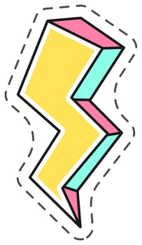 Yellow lightning bolt striking diagonally with pink and blue accents, outlined with a black dotted line on a white background vector