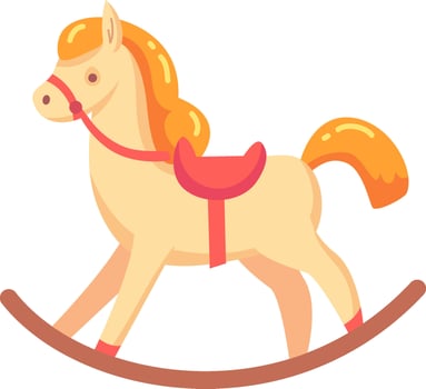Cute rocking horse toy standing on curved wooden plank rocking base, children room furniture element, kids entertainment, childhood symbol vector