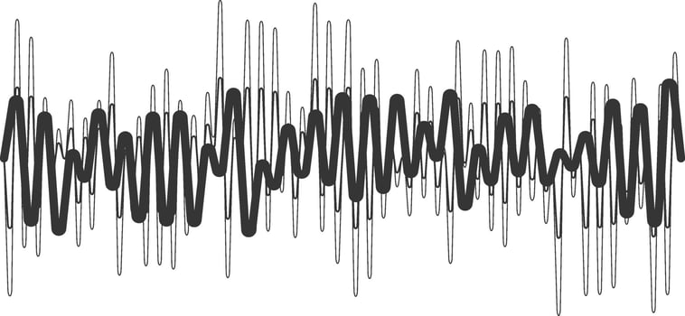 Abstract sound wave flowing through space, visualized with a bold line over a lighter wave pattern, creating a sense of movement and rhythm vector