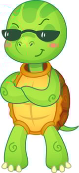 Stylish cartoon turtle with sunglasses, arms crossed, and a big smile exudes confidence and playfulness, perfect for kids' designs vector