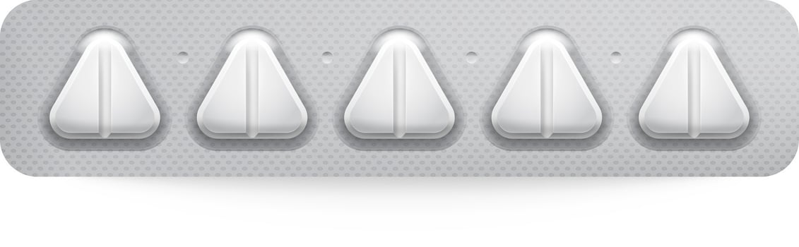 Five white triangular pills in a blister pack, isolated on white. Perfect for healthcare concepts vector