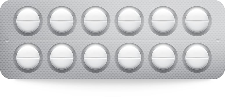 Standard pack of sixteen round white pills is lying on a white surface. The pills are contained in a silver blister pack vector