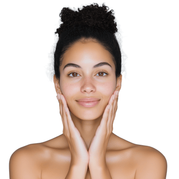 A woman with her hair tied up, resting her face on her hands, isolated on a transparent background. Perfect for skincare and relaxation themes. png