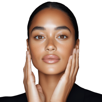 A close-up portrait of a woman gently touching her face with her hands, isolated on a transparent background. Ideal for skincare and beauty concepts. png
