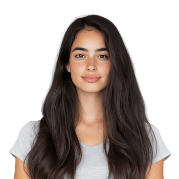A young woman with long dark hair, wearing a casual grey t-shirt, smiling softly, isolated on a transparent background. Ideal for fashion and lifestyle themes. png