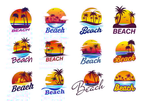 Summer tropical sunrise, palm trees, beach icons vector