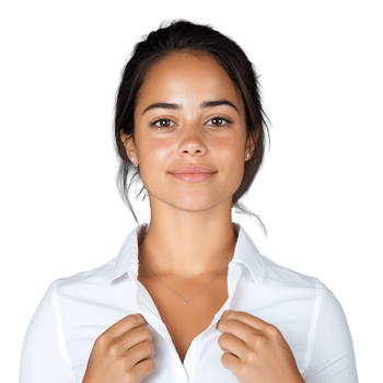 A woman with dark hair tied back, wearing a white shirt and adjusting her collar, isolated on a transparent background. png