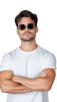 A confident young man in a white t-shirt, wearing sunglasses, arms crossed, isolated on a transparent background. Ideal for casual and fashion themes. png