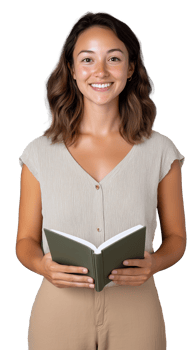 A smiling woman holding an open book, standing casually, isolated on a transparent background. Perfect for education and reading themes. png