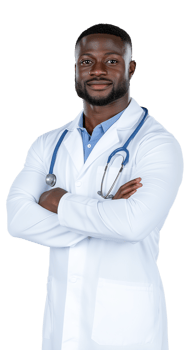 A confident male doctor wearing a white coat and stethoscope, isolated on a transparent background. Perfect for medical and healthcare themes. png