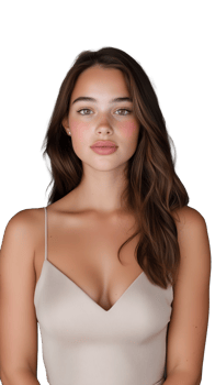 A young woman with long dark hair wearing a beige top, isolated on a transparent background. Perfect for fashion and beauty themes. png