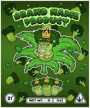 Broccoli Strain In Herbal Leaf and Brand Name Product Packaging. For Product, Label, Business and Brand Product. Vectors Illustrations.