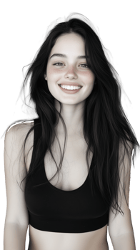 A young woman with long black hair smiling broadly, isolated on a transparent background. Perfect for casual and lifestyle themes. png