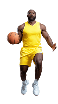 A muscular basketball player wearing a yellow jersey holding a basketball, isolated on a transparent background. Ideal for sports and fitness themes. png