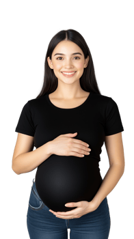 A smiling pregnant woman in a black t-shirt, holding her belly, isolated on a transparent background. Ideal for maternity and family projects. png