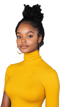 A confident young woman with an updo hairstyle wearing a yellow sweater, isolated on a transparent background. Great for fashion and lifestyle themes. png