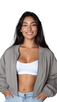 A smiling young woman with long dark hair wearing a beige jacket and white crop top, isolated on a transparent background. Ideal for casual and fashion themes. png