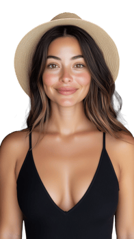 A smiling young woman with long hair wearing a black tank top and sunhat, isolated on a transparent background. Ideal for summer and fashion themes. png