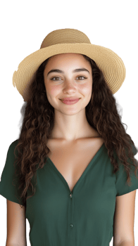 A young woman with long wavy hair wearing a green dress and sunhat, isolated on a transparent background. Perfect for summer and casual fashion themes. png