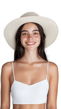 A smiling young woman with long hair wearing a white tank top and sunhat, isolated on a transparent background. Ideal for summer and casual fashion themes. png