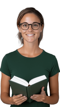 A smiling young woman with glasses holding an open book, isolated on a transparent background. Ideal for education and casual lifestyle themes. png
