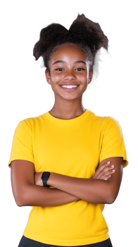 A smiling young woman with afro hair wearing a yellow t-shirt, arms crossed, isolated on a transparent background. Perfect for casual fashion and lifestyle themes. png