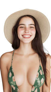 A cheerful young woman with long dark hair wearing a floral bikini top and summer hat, isolated on a transparent background. Great for summer and fashion projects. png