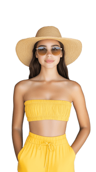 A young woman with long dark hair wearing a yellow strapless top and wide-brim hat, isolated on a transparent background. Perfect for summer fashion and vacation themes. png