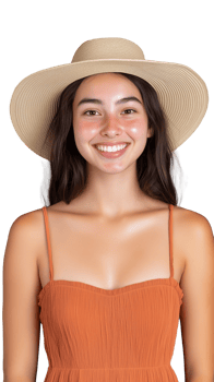 A smiling young woman with long hair wearing an orange dress and sunhat, isolated on a transparent background. Ideal for casual summer fashion themes. png