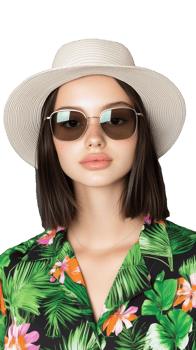 A stylish young woman with sunglasses and wide-brim hat wearing a floral print shirt, isolated on a transparent background. Great for summer fashion and travel themes. png