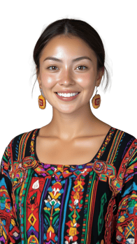 A smiling young woman wearing a colorful embroidered dress, isolated on a transparent background. Perfect for cultural fashion and lifestyle themes. png