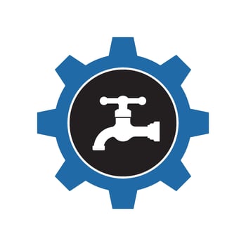 A blue and white gearwheel with a faucet inside vector