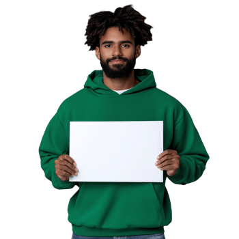Man holding blank white sign wearing green hoodie on transparent background png