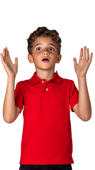 Surprised boy in red polo shirt raising hands on transparent background png