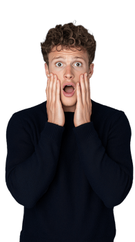 Shocked young man in navy sweater holding face on transparent background png