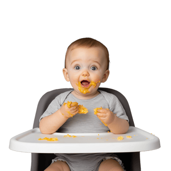 Baby making a mess with food in highchair on transparent background png