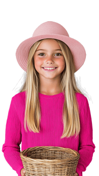 Smiling girl in pink hat and sweater holding a wicker basket on transparent background png