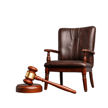 Leather armchair with wooden gavel isolated on transparent background png