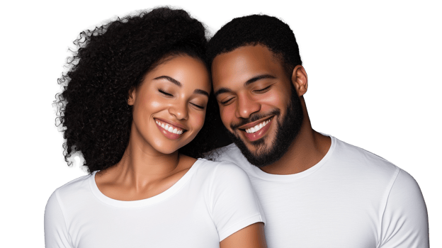 Smiling couple in white shirts close together on transparent background png