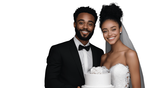 Bride and groom holding wedding cake isolated on transparent background png