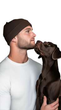 Man affectionately holding dog isolated on transparent background png