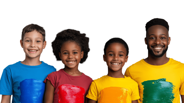 Group of diverse children smiling in colorful shirts isolated on transparent background png