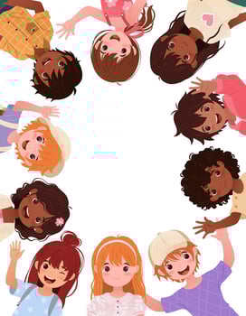 Banner with Multiracial Cartoon Kids. Vertical template with empty space for your text. Little boys and girls for educational designs, Back to School, greeting cards. Illustration with children vector