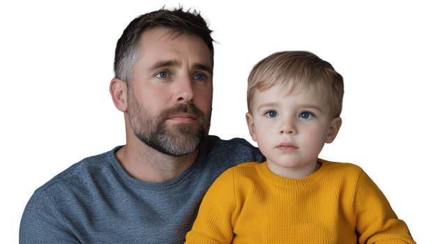 Father with serious expression holding young son isolated on transparent background png