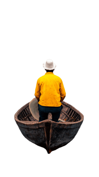 Man rowing a small wooden boat from behind isolated on transparent background png